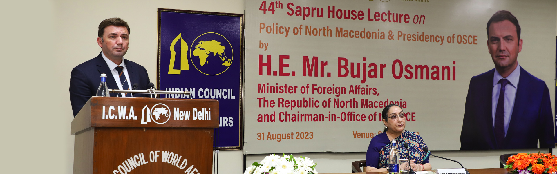 H.E. Bujar Osmani, Minister of Foreign Affairs, The Republic of North Macedonia and Chairman-in-Office of the OSCE delivering 44th Sapru House Lecture on “Policy of North Macedonia and Presidency of OSCE” at Sapru House, 31 August 2023 