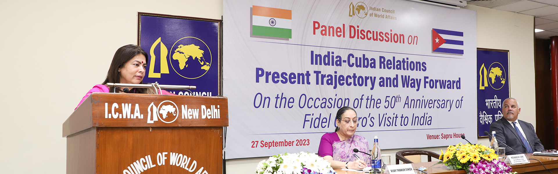 H.E. Smt. Meenakashi Lekhi, Honorable Minister of State for External Affairs and Culture, Government of India delivering keynote address at the Panel Discussion on “India-Cuba Relations: Present Trajectory and Way Forward” on the Occasion of the 50th Anniversary of Fidel Castros Visit to India, 27 September 2023.