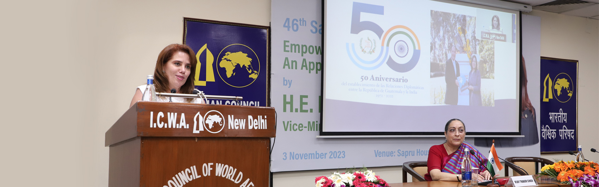 Her Excellency Ms. Karla Samayoa, Vice Minister for Foreign Affairs of The Republic of Guatemala delivering 46th Sapru House Lecture on ‘Empowerment of Women in Guatemala’ at Sapru House, 3 November 2023